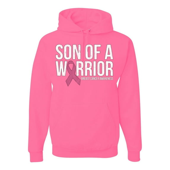 Wild Bobby Son of A Warrior Breast Cancer Ribbon Breast Cancer Awareness Unisex Hoodie Sweatshirt, Neon Pink, Large