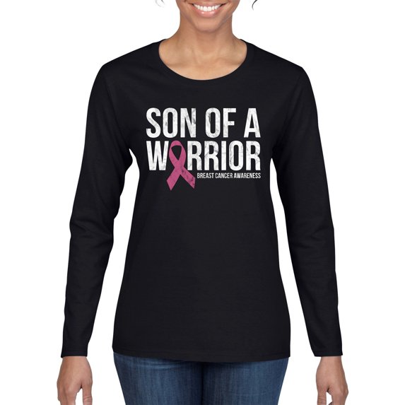 Wild Bobby Son of A Warrior Breast Cancer Ribbon Breast Cancer Awareness Women Graphic Long Sleeve Tee, Black, Small