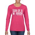 thumbnail image 1 of Wild Bobby Son of A Warrior Breast Cancer Ribbon Breast Cancer Awareness Women Graphic Long Sleeve Tee, Fuschia, X-Large, 1 of 6