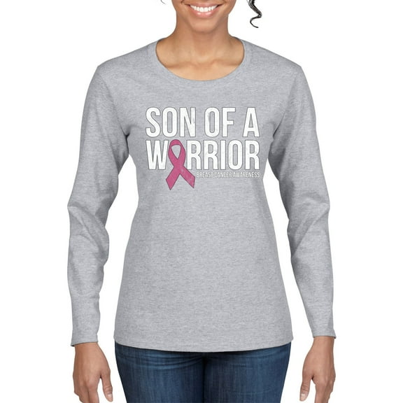 Wild Bobby Son of A Warrior Breast Cancer Ribbon Breast Cancer Awareness Women Graphic Long Sleeve Tee, Heather Grey, Small
