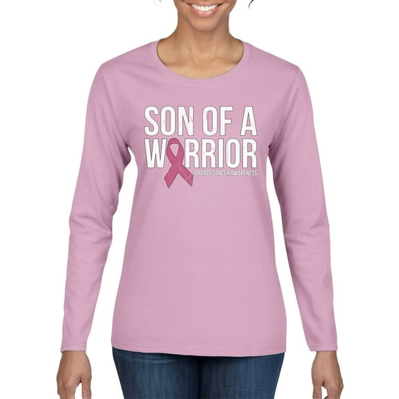 Wild Bobby Son of A Warrior Breast Cancer Ribbon Breast Cancer Awareness Women Graphic Long Sleeve Tee, Light Pink, Medium