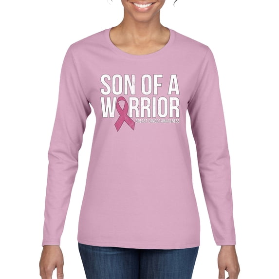 Wild Bobby Son of A Warrior Breast Cancer Ribbon Breast Cancer Awareness Women Graphic Long Sleeve Tee, Light Pink, XX-Large