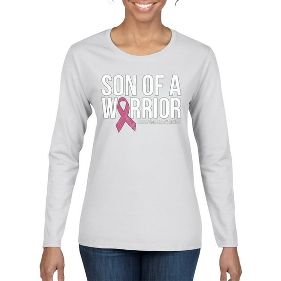 Wild Bobby Son of A Warrior Breast Cancer Ribbon Breast Cancer Awareness Women Graphic Long Sleeve Tee, White, Large
