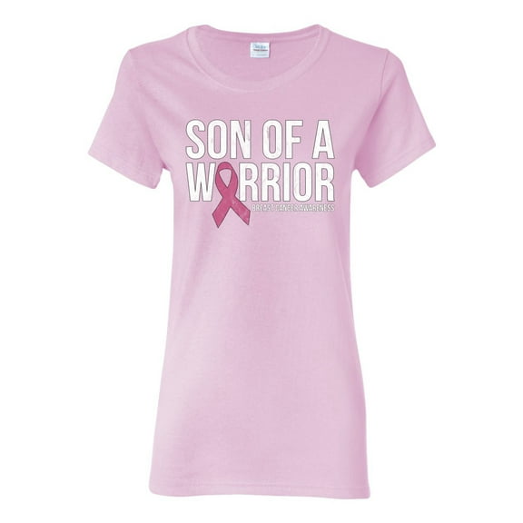Wild Bobby Son of A Warrior Breast Cancer Ribbon Breast Cancer Awareness Women Graphic Tee, Light Pink, Medium