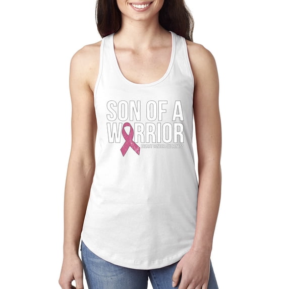 Wild Bobby Son of A Warrior Breast Cancer Ribbon Breast Cancer Awareness Women Racerback Tank Top, White, Medium