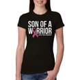 thumbnail image 1 of Wild Bobby Son of A Warrior Breast Cancer Ribbon Breast Cancer Awareness Women Slim Fit Junior Tee, Black, Small, 1 of 6