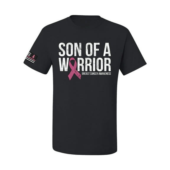 Wild Bobby Son of A Warrior Breast Cancer Ribbon US Flag Breast Cancer Awareness Men Tee, Black, 4X-Large