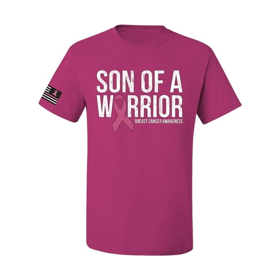 Wild Bobby Son of A Warrior Breast Cancer Ribbon US Flag Breast Cancer Awareness Men Tee, Fuschia, Medium