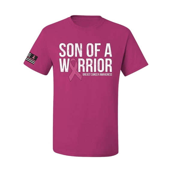 Wild Bobby Son of A Warrior Breast Cancer Ribbon US Flag Breast Cancer Awareness Men Tee, Fuschia, XX-Large