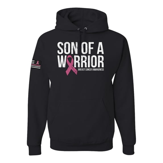 Wild Bobby Son of A Warrior Breast Cancer Ribbon US Flag Breast Cancer Awareness Unisex Hoodie Sweatshirt, Black, Medium