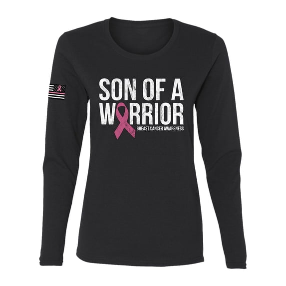 Wild Bobby Son of A Warrior Breast Cancer Ribbon US Flag Breast Cancer Awareness Women Graphic Long Sleeve Tee, Black, Small