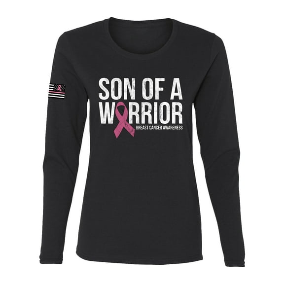 Wild Bobby Son of A Warrior Breast Cancer Ribbon US Flag Breast Cancer Awareness Women Graphic Long Sleeve Tee, Black, Small