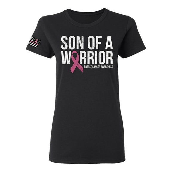 Wild Bobby Son of A Warrior Breast Cancer Ribbon US Flag Breast Cancer Awareness Women Graphic Tee, Black, Small