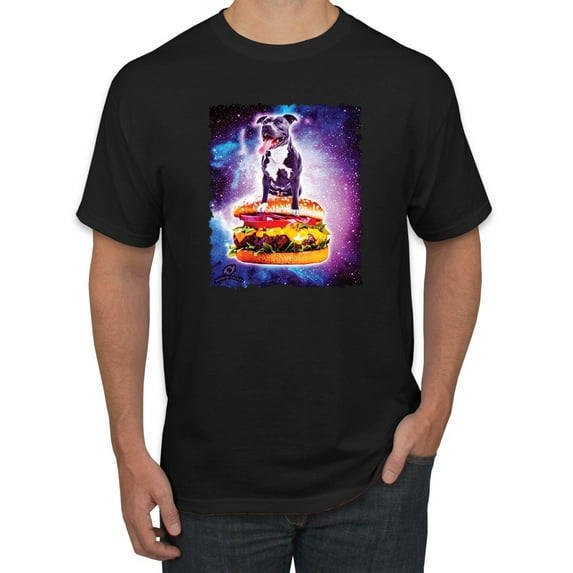 Wild Bobby, Space Pitbull Riding a Hamburger, Animal Lover, Men Graphic Tees, Black, Small