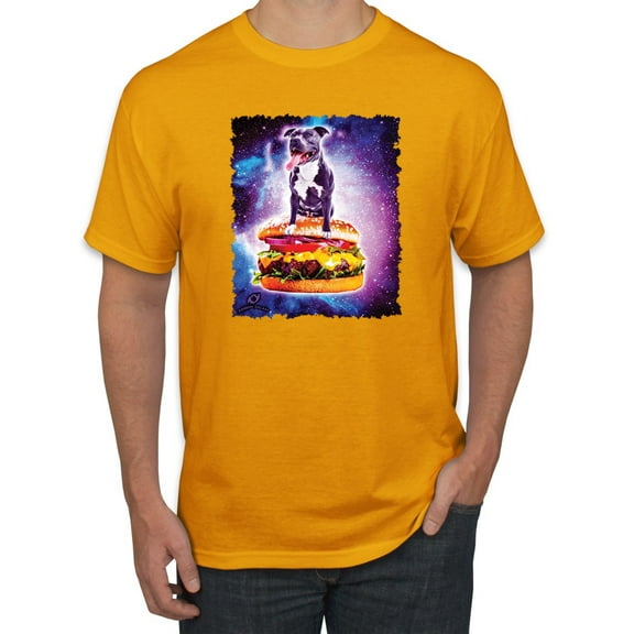 Wild Bobby, Space Pitbull Riding a Hamburger, Animal Lover, Men Graphic Tees, Gold, X-Large