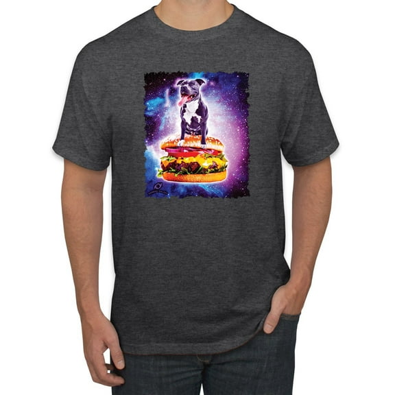 Wild Bobby, Space Pitbull Riding a Hamburger, Animal Lover, Men Graphic Tees, Heather Black, Medium