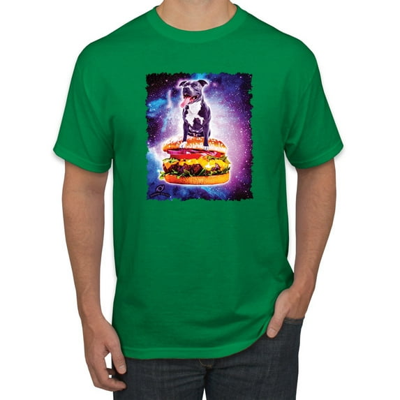 Wild Bobby, Space Pitbull Riding a Hamburger, Animal Lover, Men Graphic Tees, Kelly, 2XL