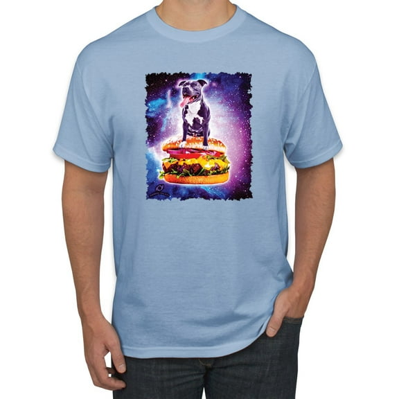 Wild Bobby, Space Pitbull Riding a Hamburger, Animal Lover, Men Graphic Tees, Light Blue, Medium