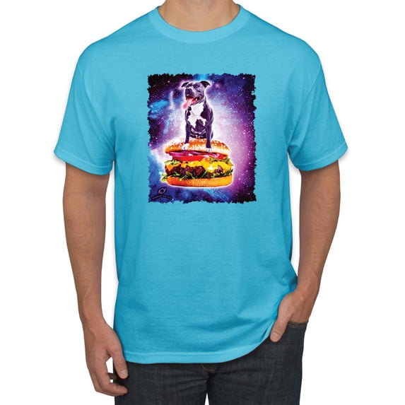 Wild Bobby, Space Pitbull Riding a Hamburger, Animal Lover, Men Graphic Tees, Light Turquoise, 3XL