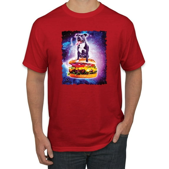 Wild Bobby, Space Pitbull Riding a Hamburger, Animal Lover, Men Graphic Tees, Red, X-Large