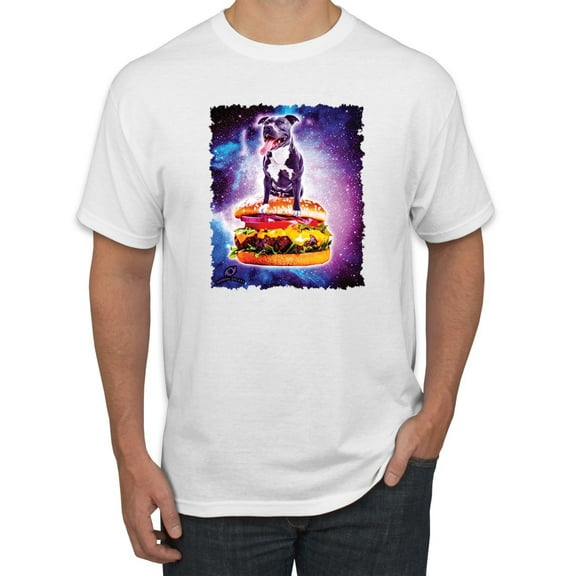 Wild Bobby, Space Pitbull Riding a Hamburger, Animal Lover, Men Graphic Tees, White, Small