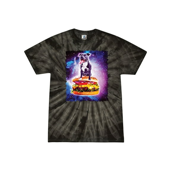 Wild Bobby, Space Pitbull Riding a Hamburger, Animal Lover, Tie-Dye Tees, Spiral Black, Medium
