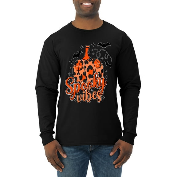 Wild Bobby Spooky Vibes Pumpkin Skulls Bats Stars with Orange and Black Halloween Men Long Sleeve Shirt, Black, Medium