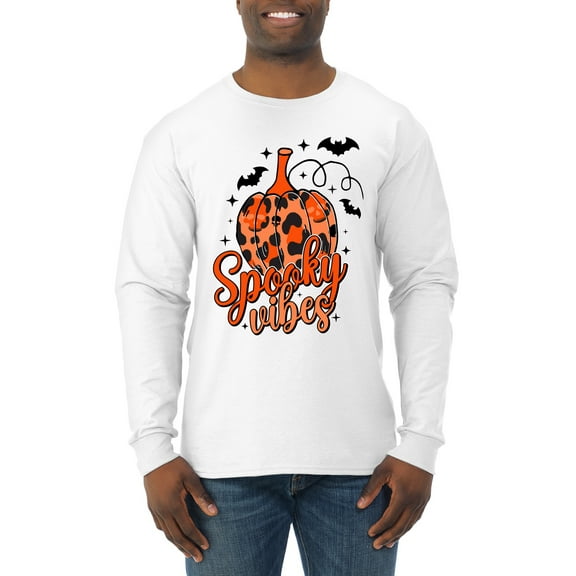 Wild Bobby Spooky Vibes Pumpkin Skulls Bats Stars with Orange and Black Halloween Men Long Sleeve Shirt, White, Medium