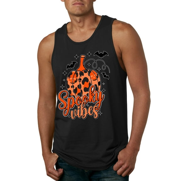 Wild Bobby Spooky Vibes Pumpkin Skulls Bats Stars with Orange and Black Halloween Men Tank Top, Black, Medium