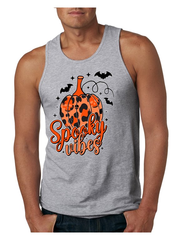 Spooky Vibes Pumpkin Skulls Bats Stars with Orange and Black Halloween Men Tank Top, Heather Grey, Small