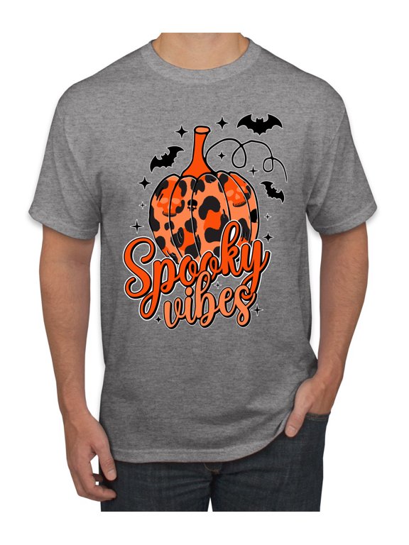 Spooky Vibes Pumpkin Skulls Bats Stars with Orange and Black Halloween Men Tee, Heather Grey, Small