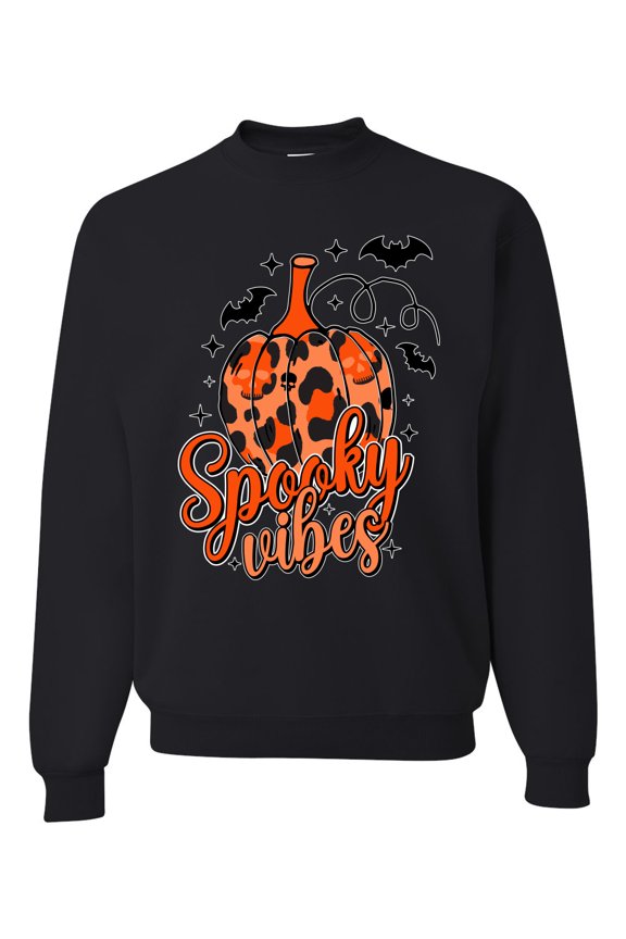 Spooky Vibes Pumpkin Skulls Bats Stars with Orange and Black Halloween Unisex Crewneck Sweatshirt, Black, 4X-Large