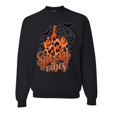 Wild Bobby Spooky Vibes Pumpkin Skulls Bats Stars with Orange and Black Halloween Unisex Crewneck Sweatshirt, Black, Small