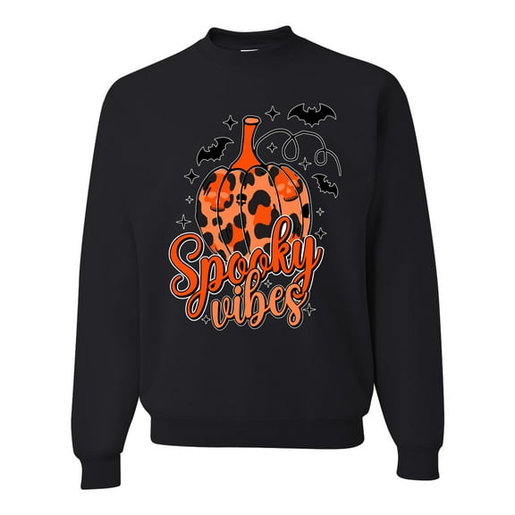 Wild Bobby Spooky Vibes Pumpkin Skulls Bats Stars with Orange and Black Halloween Unisex Crewneck Sweatshirt, Black, Small