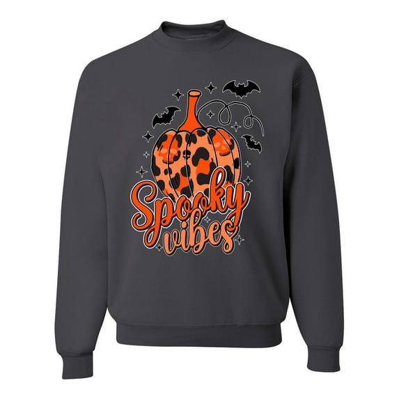 Wild Bobby Spooky Vibes Pumpkin Skulls Bats Stars with Orange and Black Halloween Unisex Crewneck Sweatshirt, Charcoal, Small