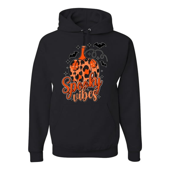 Wild Bobby Spooky Vibes Pumpkin Skulls Bats Stars with Orange and Black Halloween Unisex Hoodie Sweatshirt, Black, XX-Large