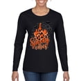thumbnail image 1 of Wild Bobby Spooky Vibes Pumpkin Skulls Bats Stars with Orange and Black Halloween Women Graphic Long Sleeve Tee, Black, Small, 1 of 6