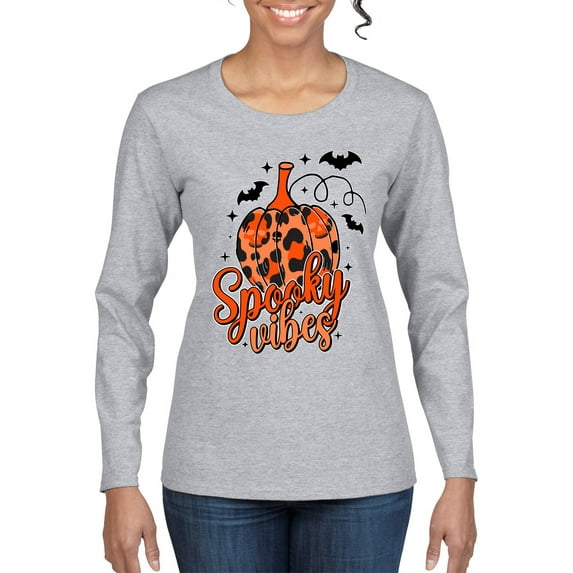 Wild Bobby Spooky Vibes Pumpkin Skulls Bats Stars with Orange and Black Halloween Women Graphic Long Sleeve Tee, Heather Grey, Small