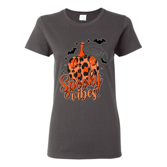 Wild Bobby Spooky Vibes Pumpkin Skulls Bats Stars with Orange and Black Halloween Women Graphic Tee, Charcoal, XX-Large