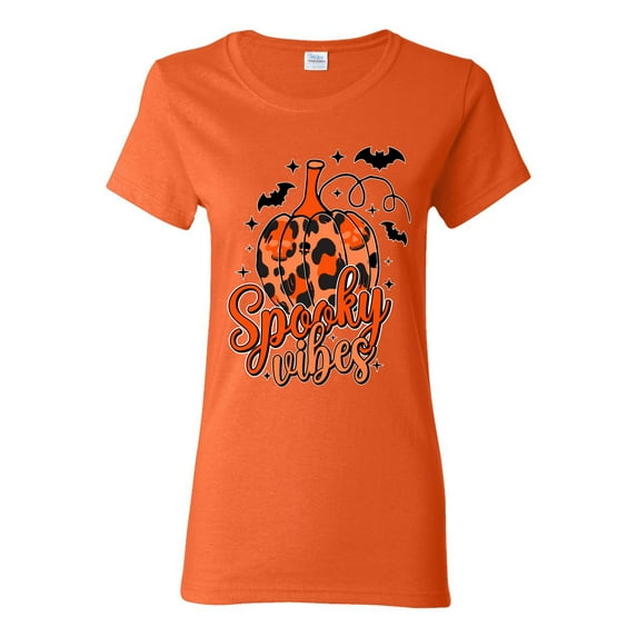 Wild Bobby Spooky Vibes Pumpkin Skulls Bats Stars with Orange and Black Halloween Women Graphic Tee, Orange, Medium