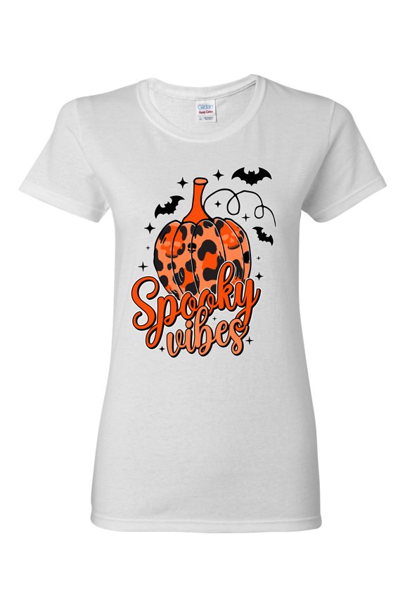 Spooky Vibes Pumpkin Skulls Bats Stars with Orange and Black Halloween Women Graphic Tee, White, Medium