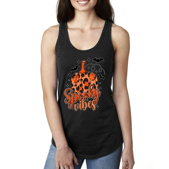 Wild Bobby Spooky Vibes Pumpkin Skulls Bats Stars with Orange and Black Halloween Women Racerback Tank Top, Black, Small