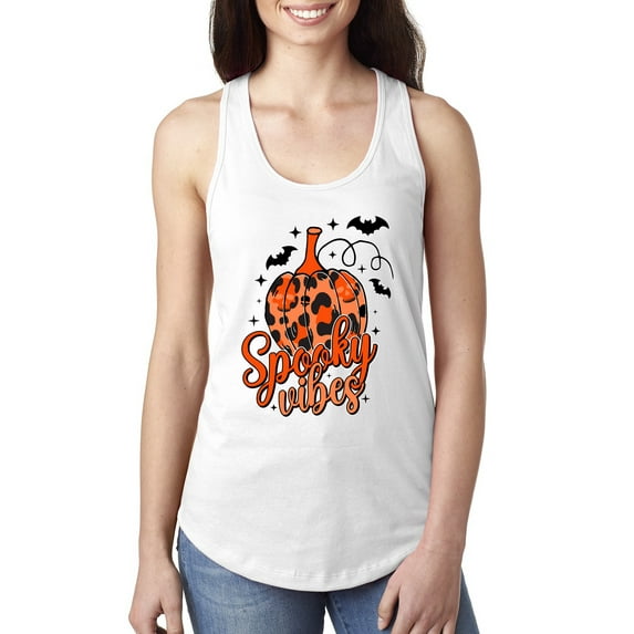 Wild Bobby Spooky Vibes Pumpkin Skulls Bats Stars with Orange and Black Halloween Women Racerback Tank Top, White, X-Large