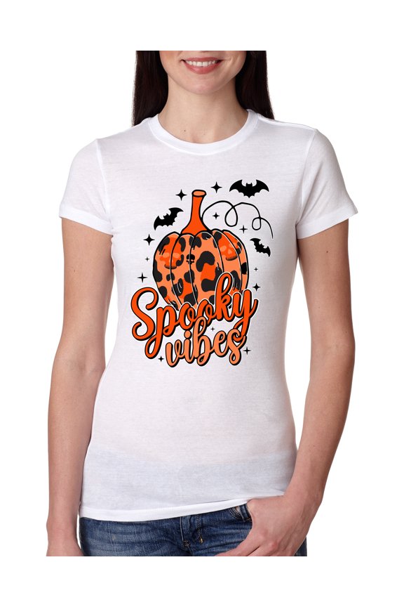 Spooky Vibes Pumpkin Skulls Bats Stars with Orange and Black Halloween Women Slim Fit Junior Tee, White, Large