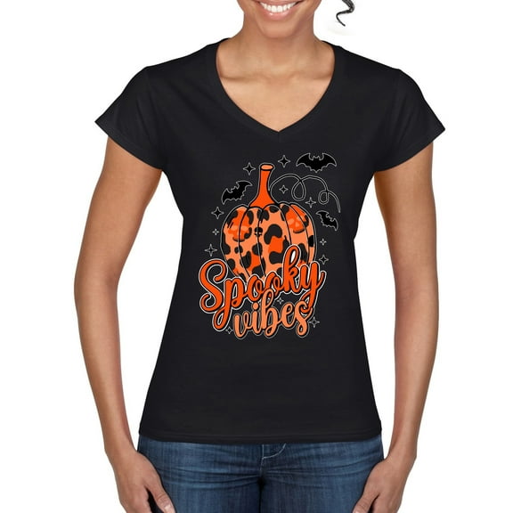 Wild Bobby Spooky Vibes Pumpkin Skulls Bats Stars with Orange and Black Halloween Women Standard V-Neck Tee, Black, Small