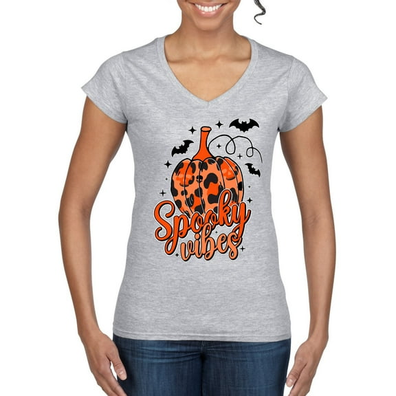 Wild Bobby Spooky Vibes Pumpkin Skulls Bats Stars with Orange and Black Halloween Women Standard V-Neck Tee, Heather Grey, Medium