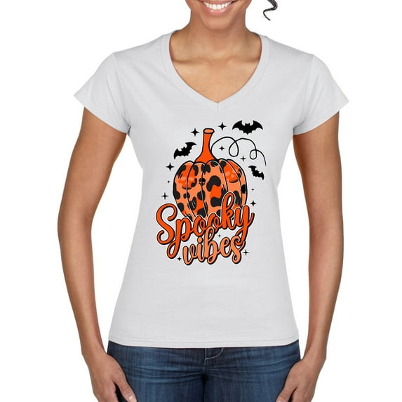 Wild Bobby Spooky Vibes Pumpkin Skulls Bats Stars with Orange and Black Halloween Women Standard V-Neck Tee, White, Large