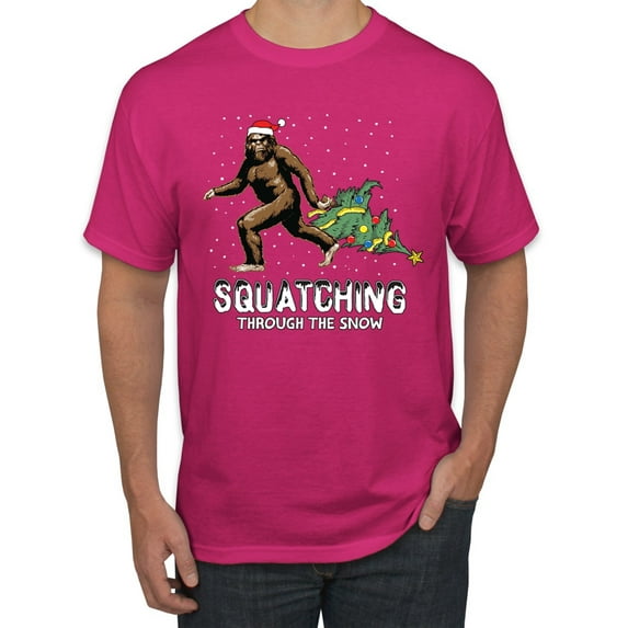 Wild Bobby, Squatching Through the Snow Bigfoot, Christmas, Men Graphic Tee, Fuschia, X-Large