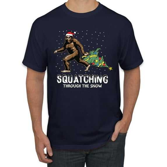 Wild Bobby, Squatching Through the Snow Bigfoot, Christmas, Men Graphic Tee, Navy, Medium