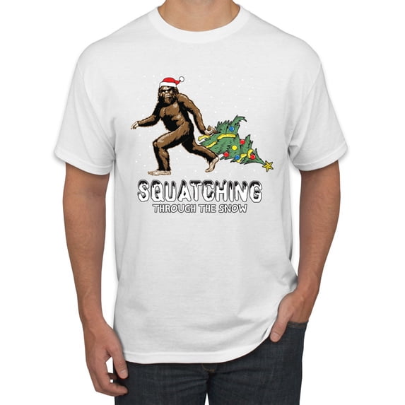 Wild Bobby, Squatching Through the Snow Bigfoot, Christmas, Men Graphic Tee, White, 5X-Large